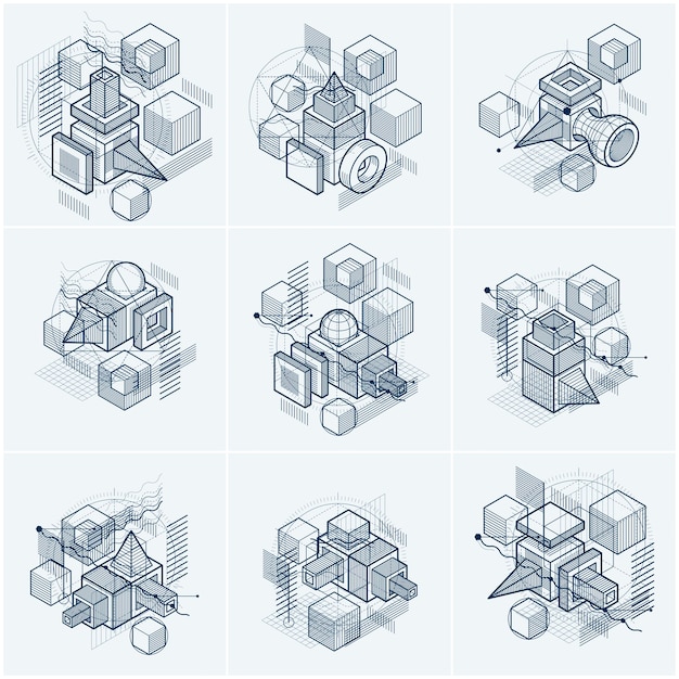Abstract 3d shapes compositions vector isometric backgrounds Compositions of cubes hexagons squares rectangles and different abstract elements Vector collection