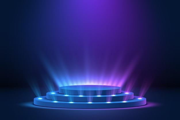 Abstract 3d shiny podium with neon lighting spotlight. Product display, award or backdrop