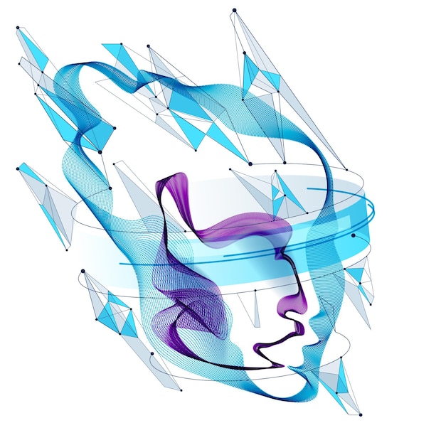 Abstract artistic human head portrait made of dotted particles array, vector illustration of Artificial Intelligence, software digital visual interface.