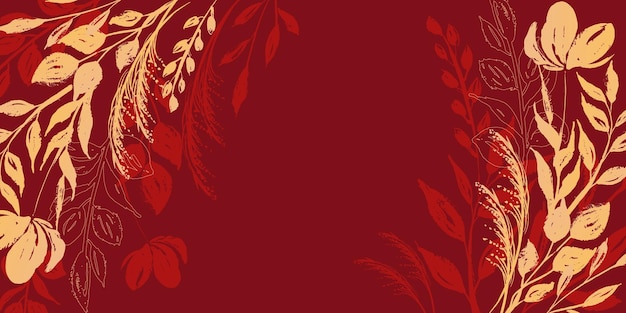 abstract asian background with flowers and leaves forming a golden frame elegant design in red and
