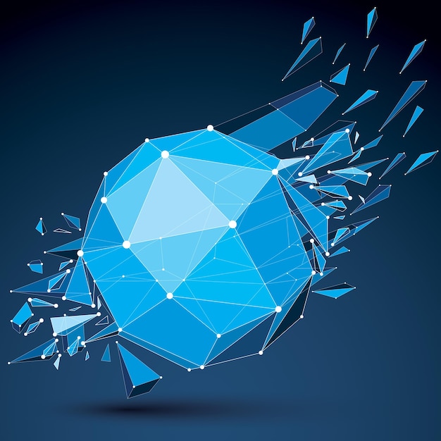 Abstract asymmetric blue vector low poly wrecked object with different triangular particles. 3d origami futuristic form with 3d mesh and white connected dotted lines.
