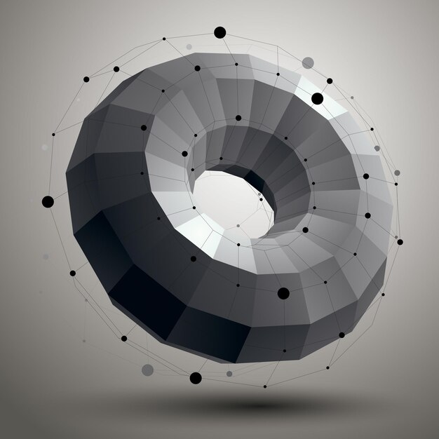 abstract asymmetric vector monochrome object with black lines mesh, complicated geometric shape.