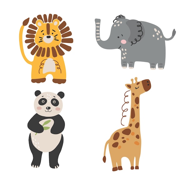 abstract baby animals set vector giraffe elephant lion and panda animals vector illustration