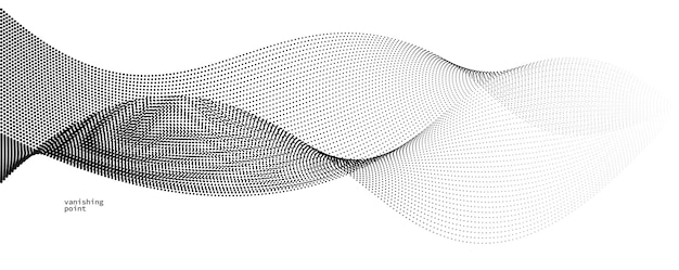 Abstract background vector illustration dots in motion by curve lines particles flow wave isolated monochrome black and white illustration