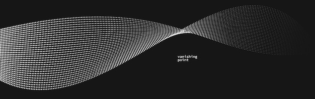Abstract background vector illustration over black dots in motion by curve lines particles flow wave isolated monochrome black and white illustration