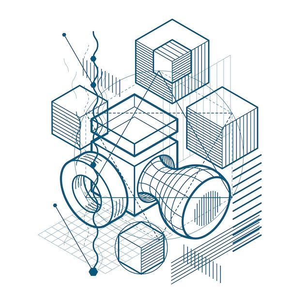 Abstract background with isometric elements, vector linear art with lines and shapes. Cubes, hexagons, squares, rectangles and different abstract elements.