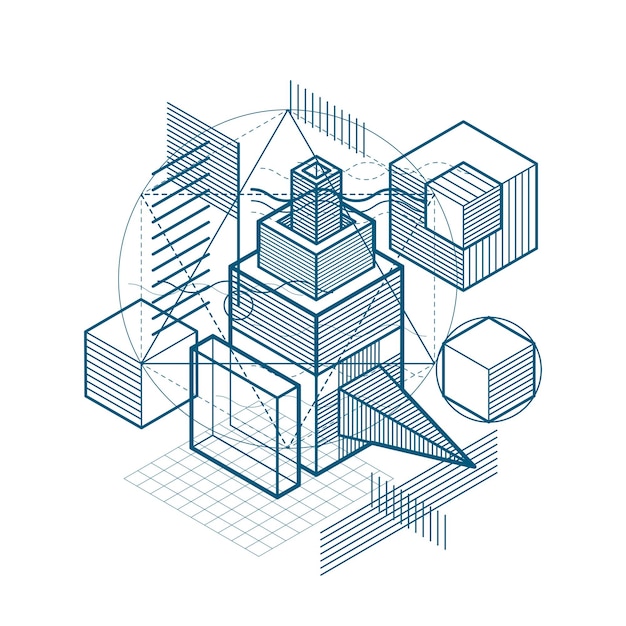 Abstract background with isometric elements, vector linear art with lines and shapes. Cubes, hexagons, squares, rectangles and different abstract elements.