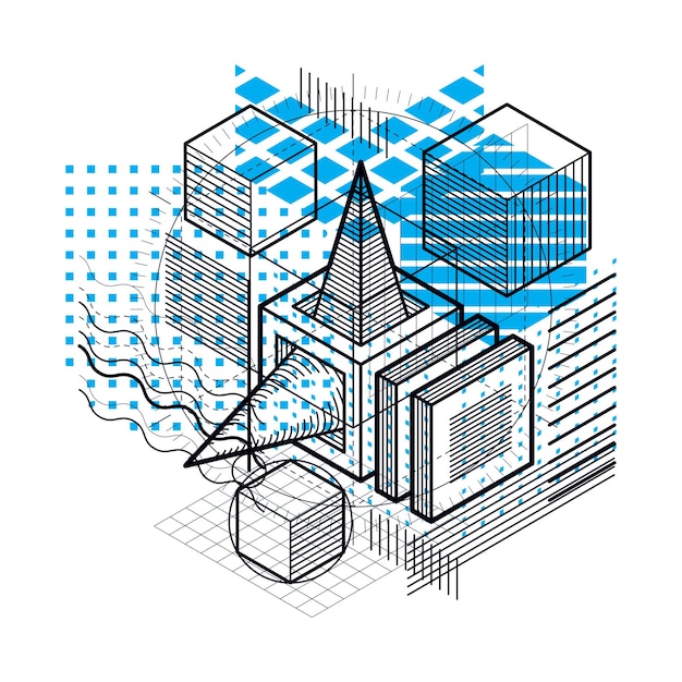 Abstract background with isometric elements, vector linear art with lines and shapes. Cubes, hexagons, squares, rectangles and different abstract elements.