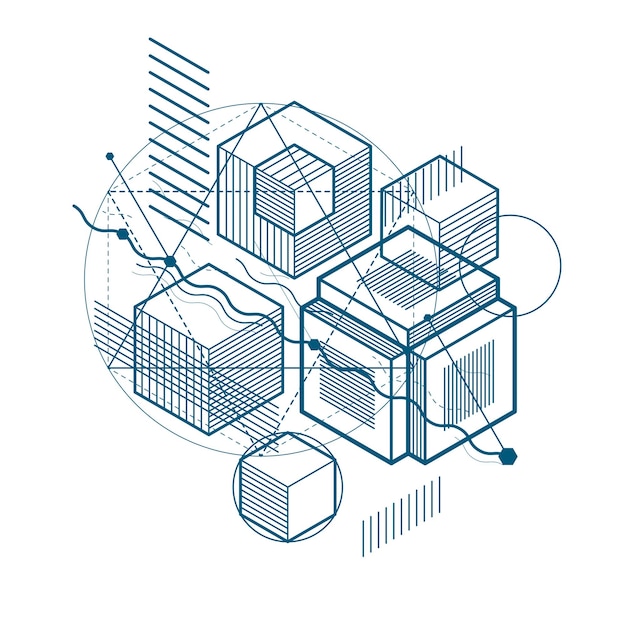Abstract background with isometric lines, vector illustration. Template made with cubes, hexagons, squares, rectangles and different abstract elements.