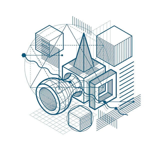 abstract background with isometric lines, vector illustration. template made with cubes, hexagons, squares, rectangles and different abstract elements.