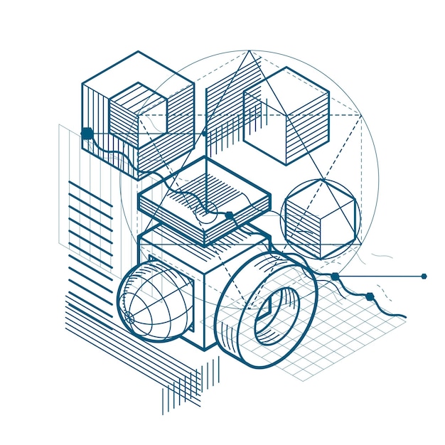 Abstract background with isometric lines, vector illustration. Template made with cubes, hexagons, squares, rectangles and different abstract elements.