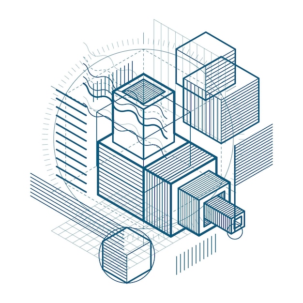 Abstract background with isometric lines, vector illustration. Template made with cubes, hexagons, squares, rectangles and different abstract elements.