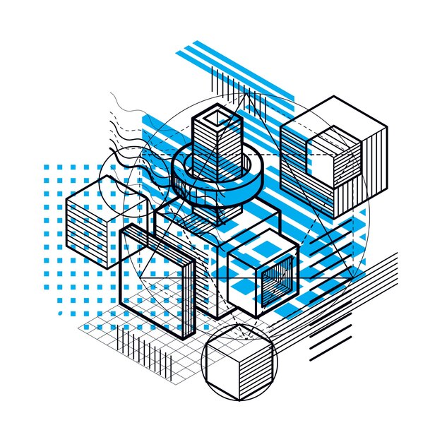 Abstract background with isometric lines, vector illustration. Template made with cubes, hexagons, squares, rectangles and different abstract elements.