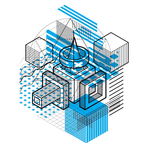 abstract background with isometric lines, vector illustration. template made with cubes, hexagons, squares, rectangles and different abstract elements.