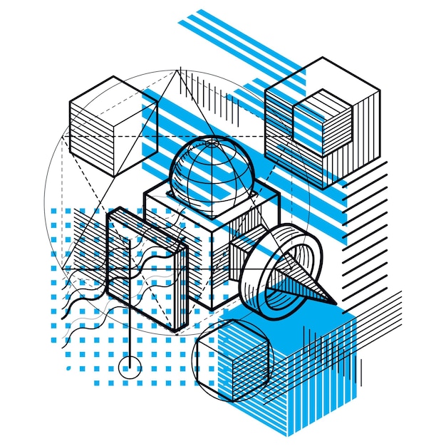 Abstract background with isometric lines, vector illustration. Template made with cubes, hexagons, squares, rectangles and different abstract elements.