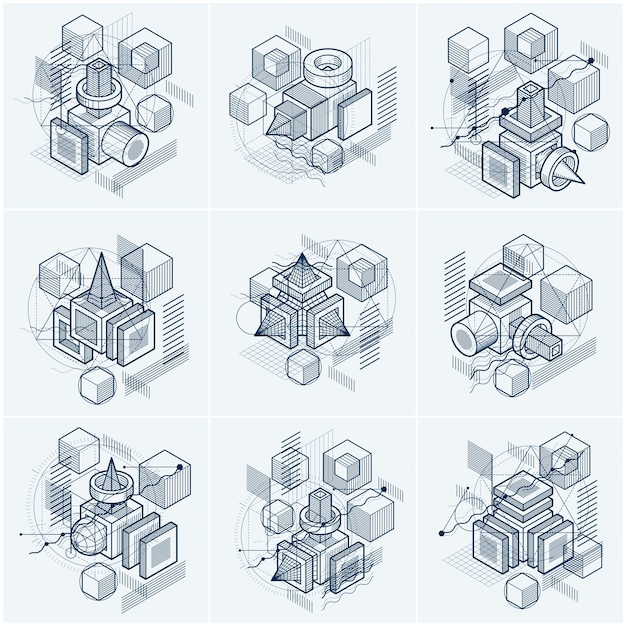 Abstract backgrounds with isometric elements, vector linear art with lines and shapes. Cubes, hexagons, squares, rectangles and different abstract elements. Vector set.