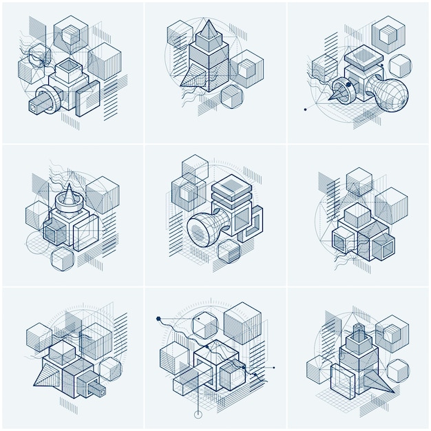 Abstract backgrounds with isometric elements, vector linear art with lines and shapes. Cubes, hexagons, squares, rectangles and different abstract elements. Vector set.