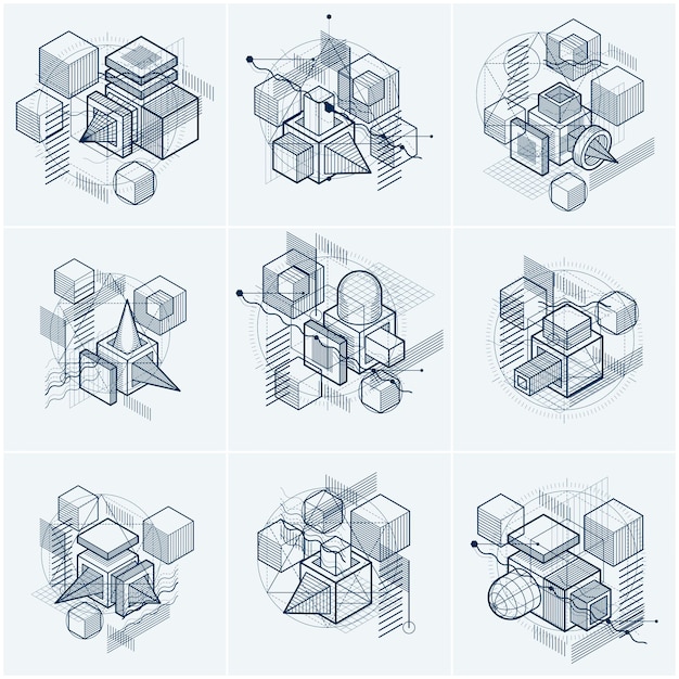 Abstract backgrounds with isometric elements, vector linear art with lines and shapes. Cubes, hexagons, squares, rectangles and different abstract elements. Vector set.