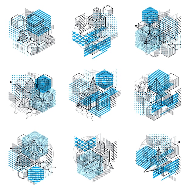 Abstract backgrounds with isometric elements, vector linear art with lines and shapes. Cubes, hexagons, squares, rectangles and different abstract elements. Vector set.