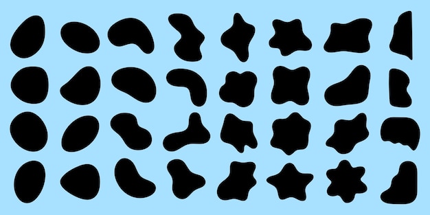 Abstract black shapes on a blue background Organic shapes vary in size and form Unique shapes create a dynamic pattern Abstract shapes add visual interest Black shape vector set