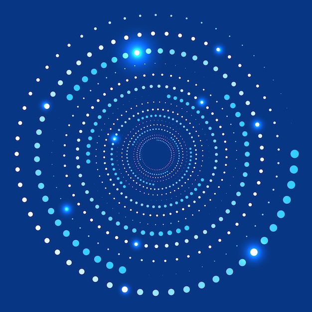 Abstract blue background with perspective spiral glowing dots or points. Spotted colorful background. Abstract halftone vector illustration. Vintage texture