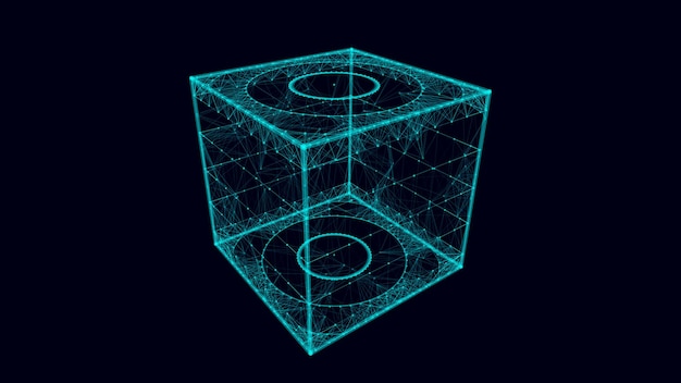 Abstract blue cube with connecting dots and lines Big data visualization Blockchain technology concept Wireframe network connection structure with circle Vector illustration