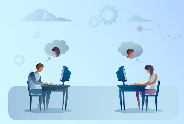 Abstract Business Man And Woman Sitting At Office Desk Working Laptop Computer Chatting Social Media Communication