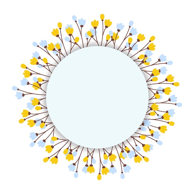 Abstract circle frame border with copy space inside and floral wreath of blossom twigs isolated