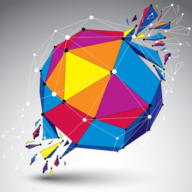 Abstract colorful 3d faceted figure with connected lines and dots. Vector low poly shattered design element with fragments and particles. Explosion effect.