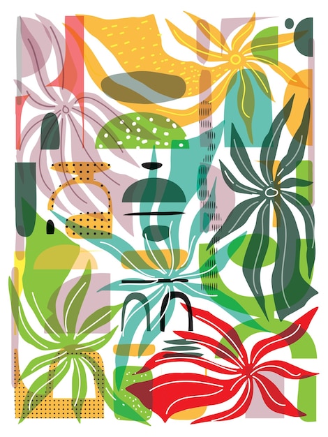 abstract colorful artwork with overlapping geometric shapes and botanical elements