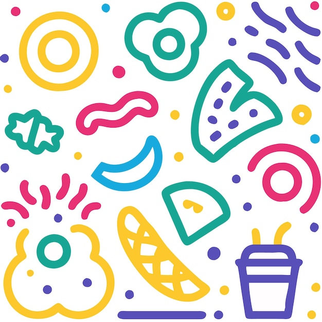 Abstract colorful line art pattern with geometric shapes circles and dots on white background