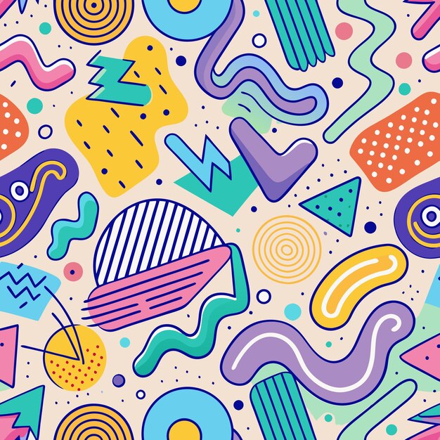 abstract colorful seamless pattern with geometric shapes and wavy lines