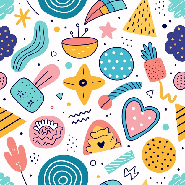 Abstract colorful seamless pattern with handdrawn elements