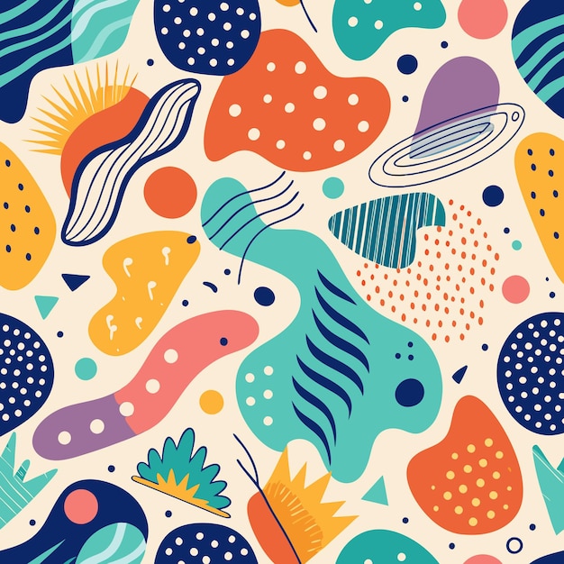 Abstract colorful seamless pattern with organic shapes lines dots and stripes on a cream background