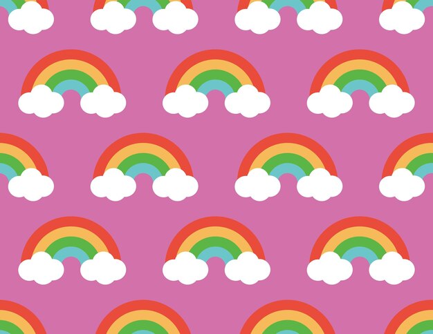 Abstract Cute Rainbows Clouds Seamless Pattern Kid Style Sweet Design Red Background