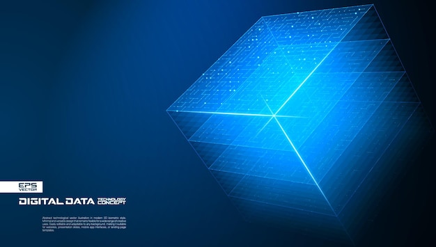 Abstract data cube background Layered 3D digital box blue light AI technology Big data design Science pattern Cyber network storage futuristic geometric concept Computer blockchain structure