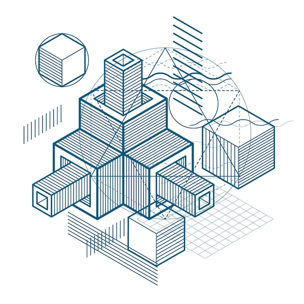 Abstract design with 3d linear mesh shapes and figures, vector isometric background. Cubes, hexagons, squares, rectangles and different abstract elements.