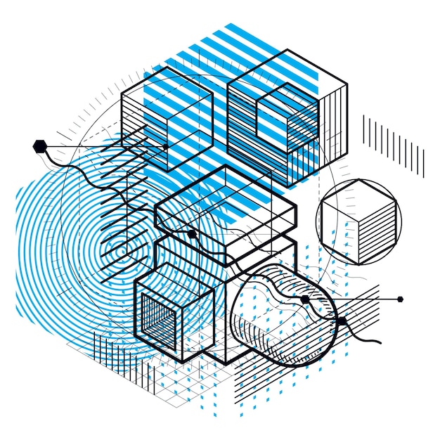 Abstract design with 3d linear mesh shapes and figures, vector isometric background. Cubes, hexagons, squares, rectangles and different abstract elements.