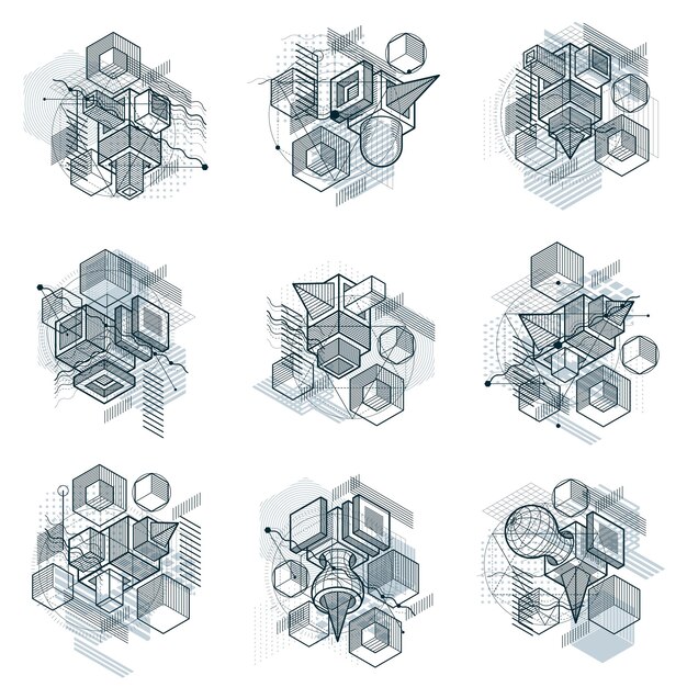 Abstract designs with 3d linear mesh shapes and figures, vector isometric backgrounds. Cubes, hexagons, squares, rectangles and different abstract elements. Vector collection.