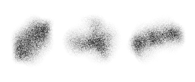Abstract fluid dotted gradients stains Noise grain texture shapes set Black stippled spray splashes
