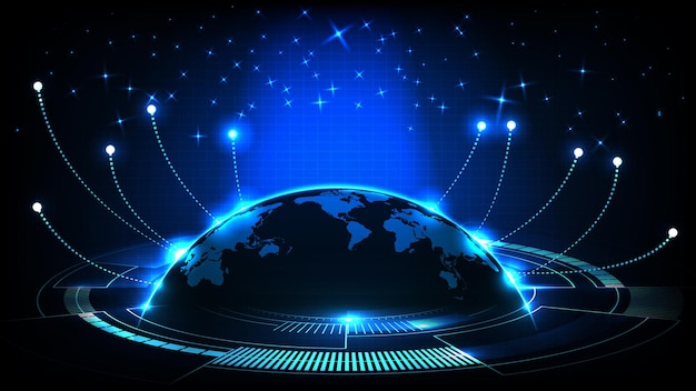 abstract futuristic background of blue glowing light and world maps and connection line internet