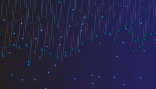 Abstract futuristic technology network background with glowing blue lines and nodes on dark background connecting geometric shapes and data points for innovation concepts