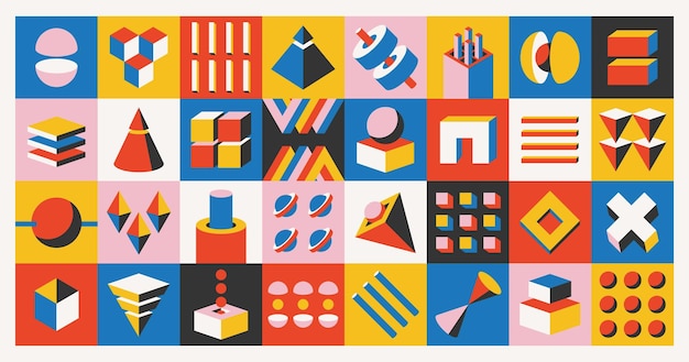 Abstract Geometric Bold Bauhausinspired Pattern Featuring Volumetric Figures Dynamic Shapes And Lines Vector