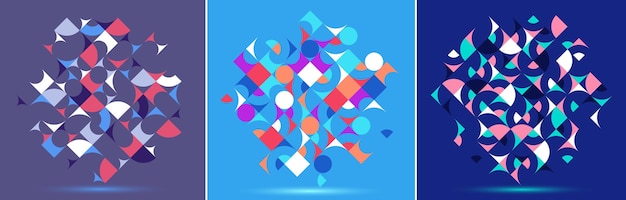 Abstract geometric designs set vector pattern compositions, colorful 70s retro style template art, creative elegant backgrounds, modular abstractions.