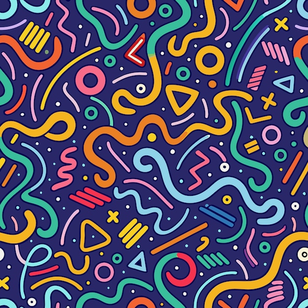 Abstract geometric pattern with colorful lines dots and shapes on a dark background