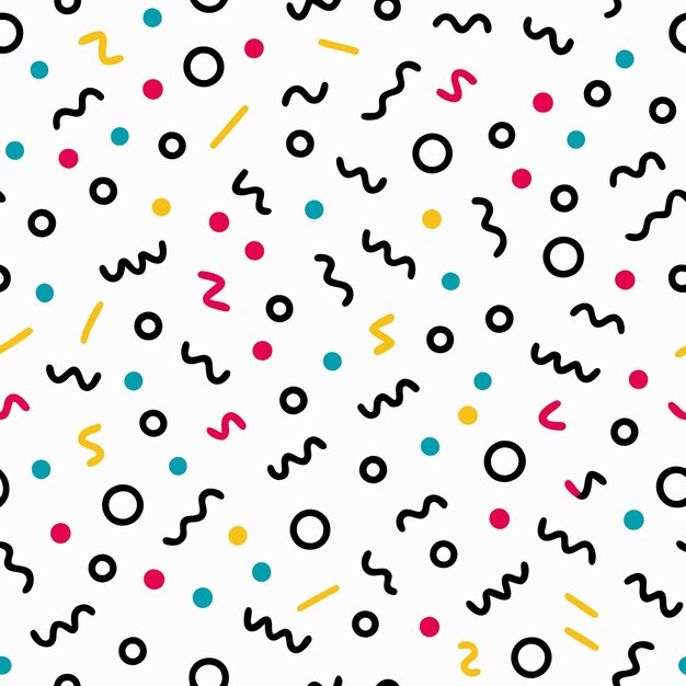 abstract geometric seamless pattern with circles wavy lines dots and stripes in black yellow blue and red colors on white background