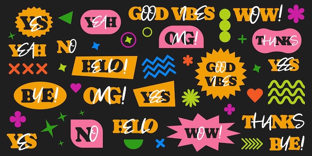 Abstract geometric shapes emotional words sticker pack Vector illustration collection of Y2K