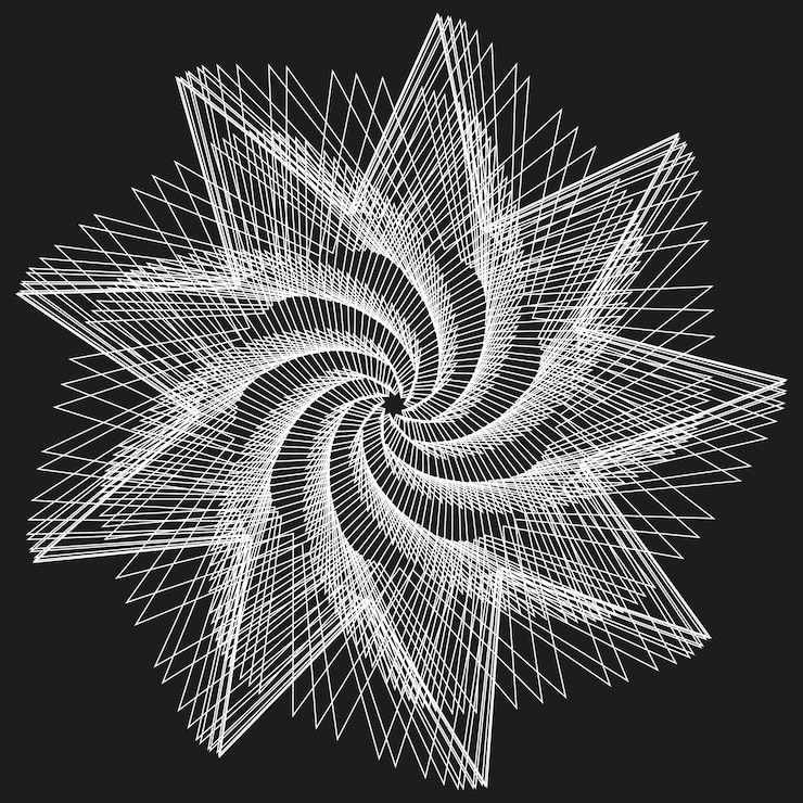 Vektör abstract geometric spiral twisting line shapes white linear details vector black background