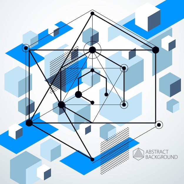 Abstract geometric vector blue background with cubes and other elements. Composition of cubes, hexagons, squares, rectangles and abstract elements. Perfect background for your design projects.