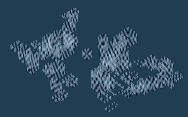 Abstract geometric wireframe in linear style Matrix cubes pattern background for architectural template design Schematic design idea of box and space Vector illustration